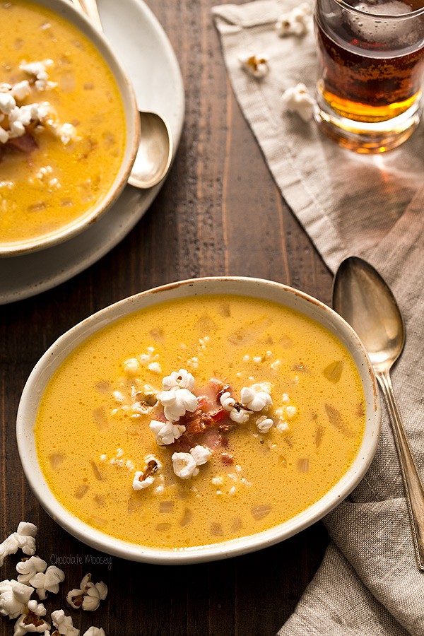 Bacon Beer Cheese Soup with Popcorn