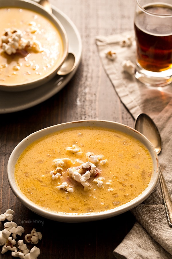 Bacon Beer Cheese Soup with Popcorn