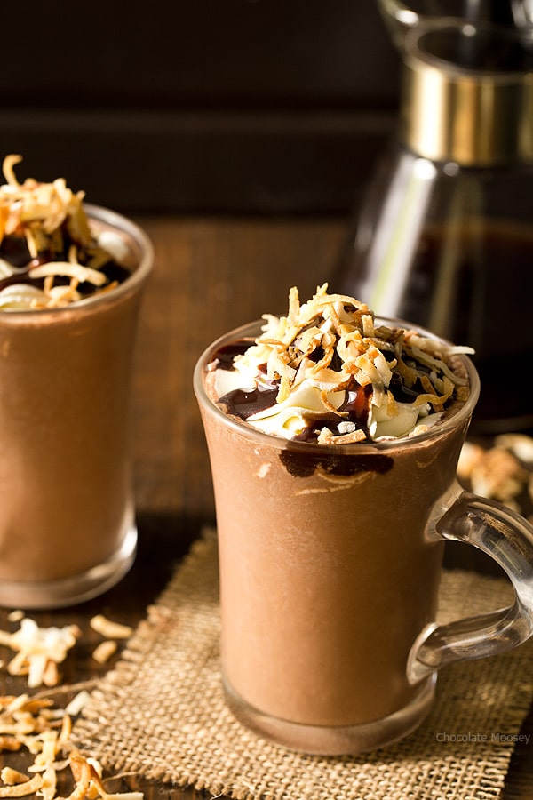 One sip of Toasted Coconut Frozen Hot Chocolate made with coconut milk and you'll be whisked away to paradise. Easily makes two drinks in a blender.