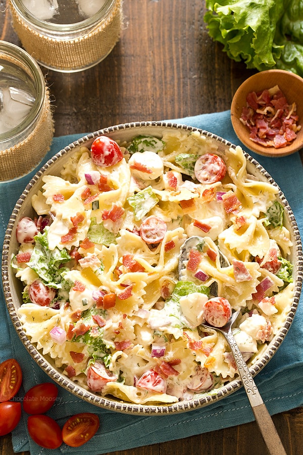 Because your pasta salad shouldn't be boring! BLT Pasta Salad with homemade ranch dressing, tomatoes, lettuce, and of course plenty of crispy bacon.