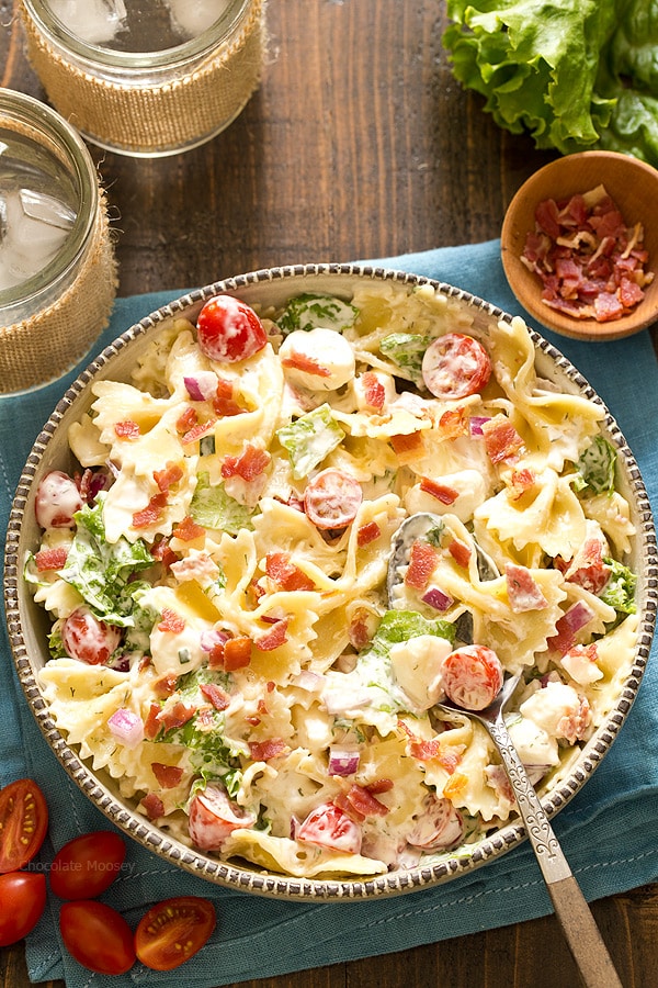 Because your pasta salad shouldn't be boring! BLT Pasta Salad with homemade ranch dressing, tomatoes, lettuce, and of course plenty of crispy bacon.