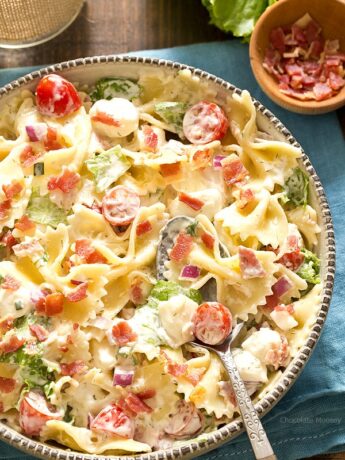 BLT Pasta Salad in big bowl with spoon