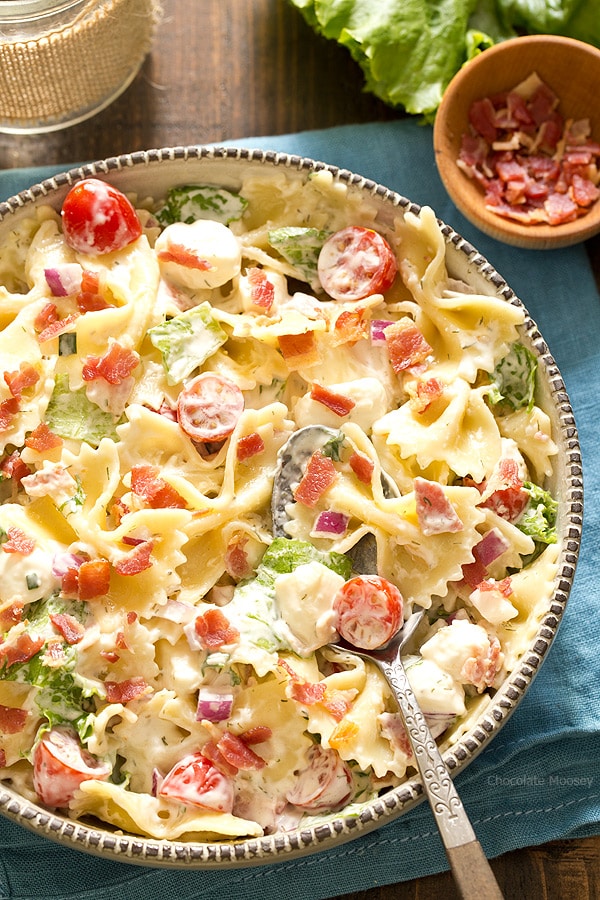 Because your pasta salad shouldn't be boring! BLT Pasta Salad with homemade ranch dressing, tomatoes, lettuce, and of course plenty of crispy bacon.