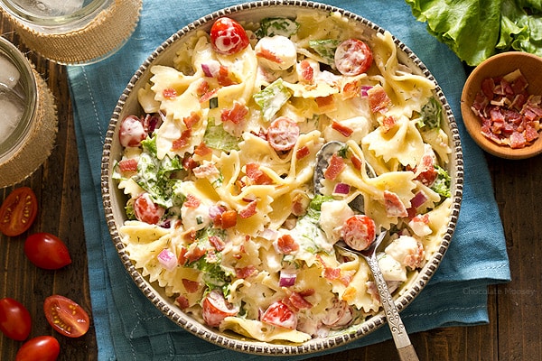 Because your pasta salad shouldn't be boring! BLT Pasta Salad with homemade ranch dressing, tomatoes, lettuce, and of course plenty of crispy bacon.