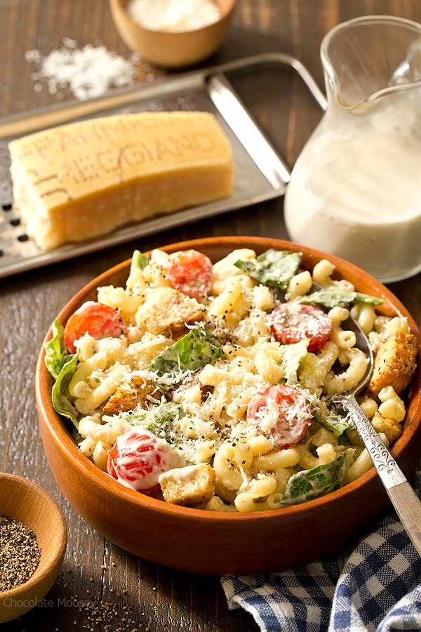 Bowl of Caesar Pasta Salad with spoon