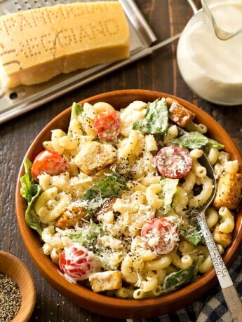 Bowl of Caesar Pasta Salad with spoon