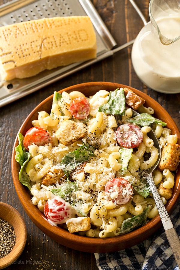 Bowl of Caesar Pasta Salad with spoon