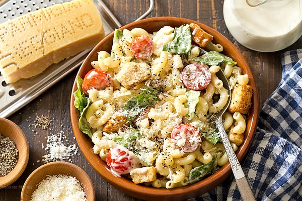 Bowl of Caesar Macaroni Salad with spoon