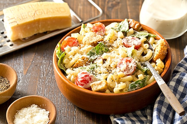 Bowl of Caesar Macaroni Salad with spoon