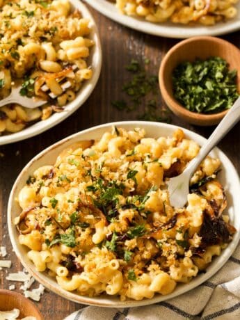 French Onion Mac and Cheese in bowl with fork
