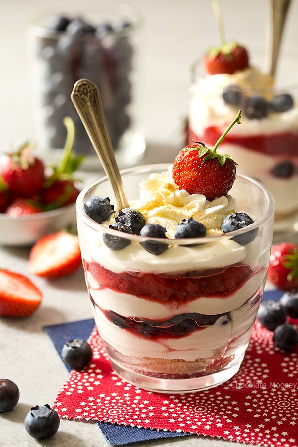 Red White and Blue Cheesecake In A Cup with spoon