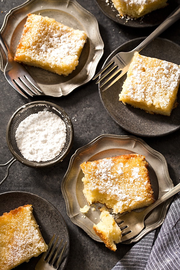 No need to drive to St. Louis when you're craving St Louis Gooey Butter Cake - a flat, dense cake with gooey, buttery center topped with a touch of powdered sugar. Grab your fork and dig it!