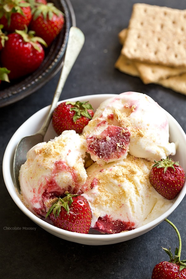 Craving cheesecake but too hot to bake? This no cook eggless Strawberry Cheesecake Ice Cream layered with strawberry sauce and graham cracker crumbs will satisfy your sweet tooth even during summer's hottest days.