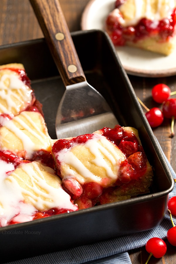 Want an easier way to serve cobbler? Cherry Cobbler Bars with homemade cherry pie filling make it easier to serve for dessert. Wrap them up and take them on the go. Pick it up with your hands or grab a fork. Share or don't share.