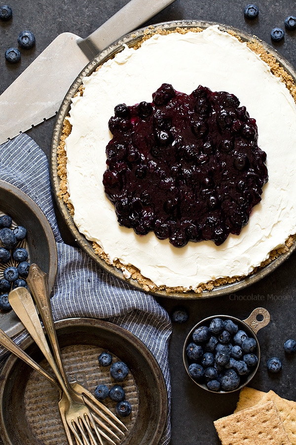 No Bake Blueberry Cheesecake ready to serve with forks