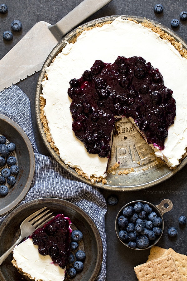 No Bake Blueberry Cheesecake Pie made with homemade blueberry pie filling using fresh blueberries