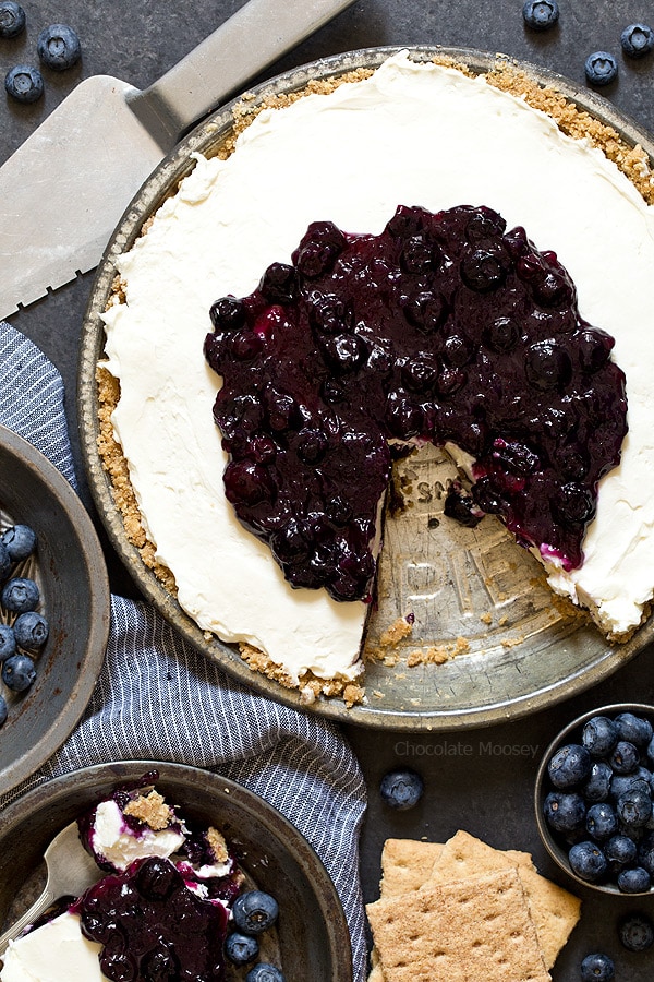 Slice cut out of no bake blueberry cheesecake