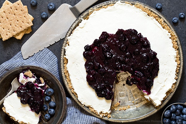 Slice cut out of no bake blueberry cheesecake