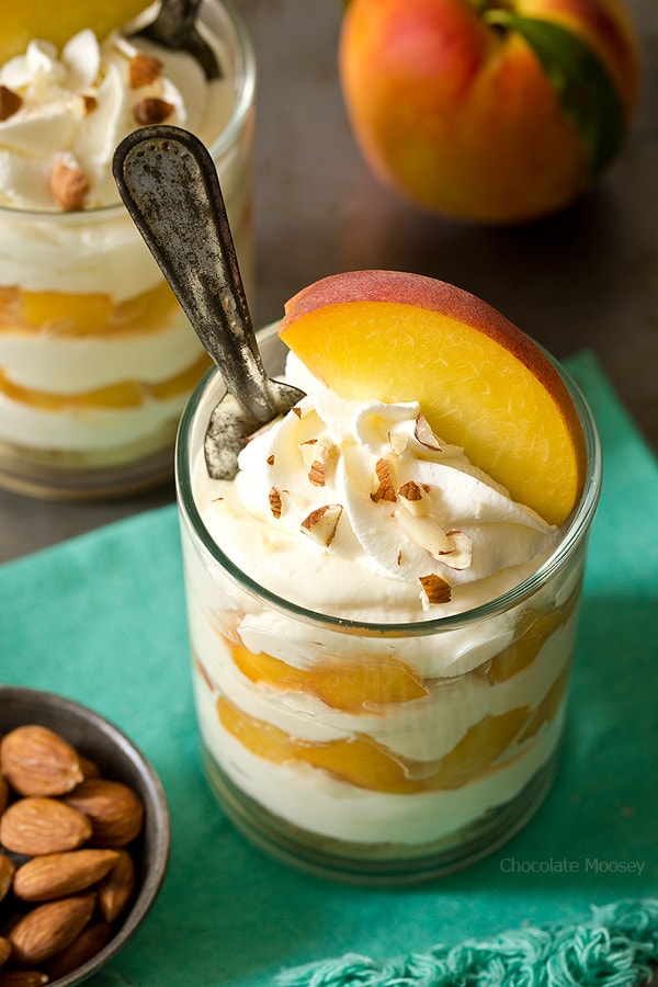 No Bake Peaches and Cream Cheesecake Parfaits - a refreshing, cool way to end your summer evening. Made with homemade whipped cream (no Cool Whip)