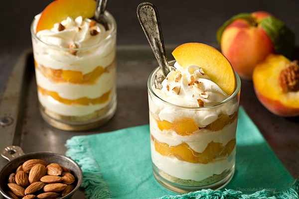 No Bake Peaches and Cream Cheesecake Parfaits - a refreshing, cool way to end your summer evening. Made with homemade whipped cream (no Cool Whip)