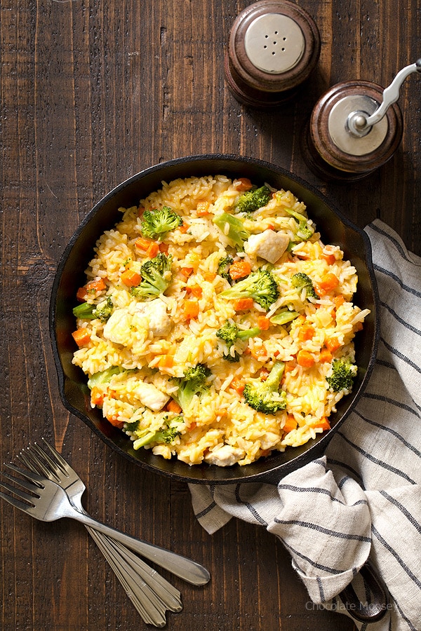 The perfect solution for a home-cooked dinner after a busy day - One Pan Cheesy Chicken Broccoli Rice Skillet