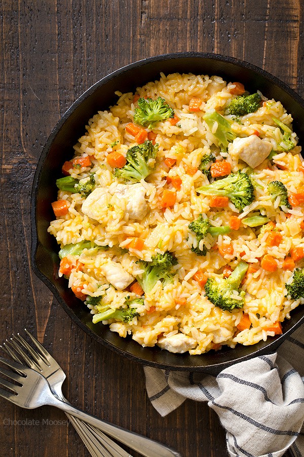 The perfect solution for a home-cooked dinner after a busy day - One Pan Cheesy Chicken Broccoli Rice Skillet