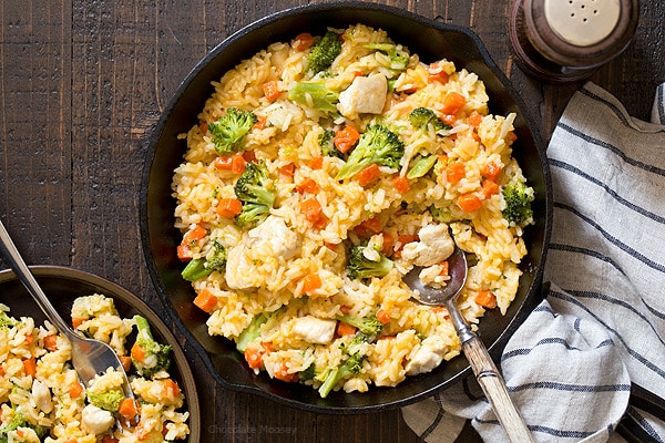 The perfect solution for a home-cooked dinner after a busy day - One Pan Cheesy Chicken Broccoli Rice Skillet