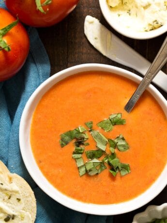 Close up of homemade tomato soup in white bowl