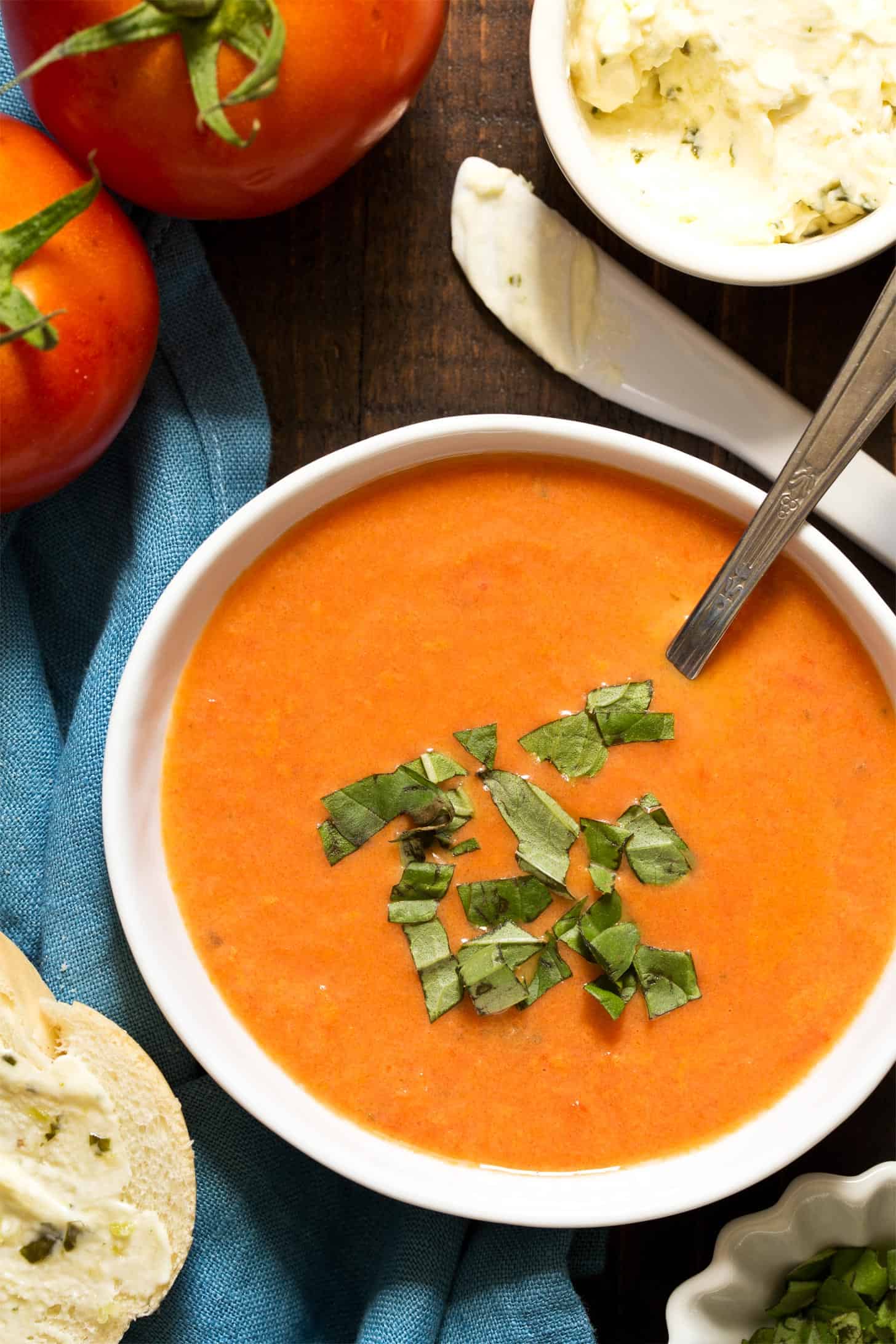 Close up of homemade tomato soup in white bowl