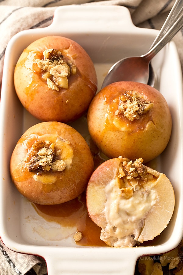 A new way to eat baked apples - Caramel Cheesecake Stuffed Apples with walnuts sweetened with caramel sauce. Makes 4 apples for dessert.