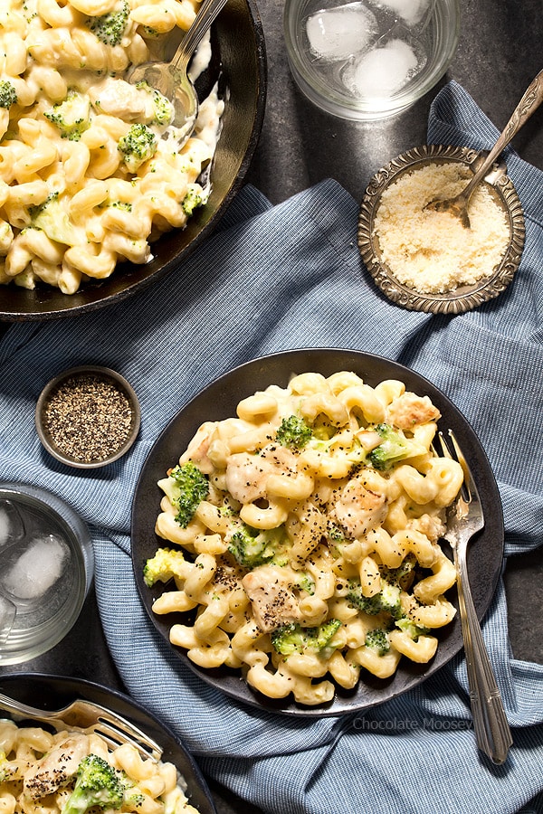 Alfredo mac and cheese on black plate with fork