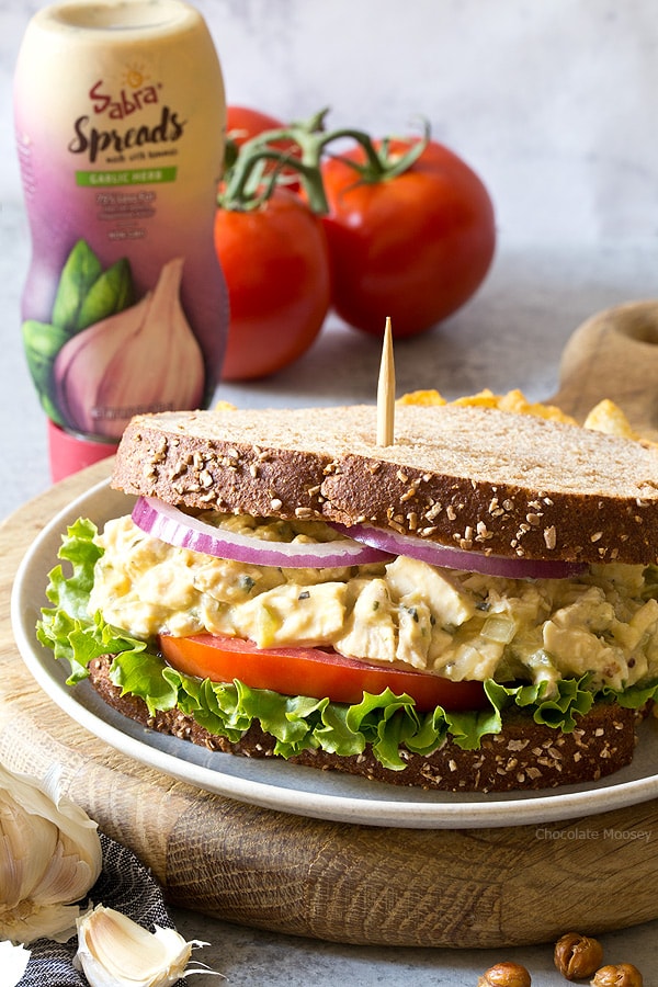 Garlic Hummus Chicken Salad Sandwiches with a creamy garlic hummus spread - pack them for lunch or have them ready for dinner when you know you won't have time to cook.