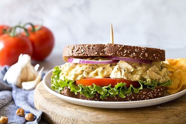 Garlic Hummus Chicken Salad Sandwiches with a creamy garlic hummus spread - pack them for lunch or have them ready for dinner when you know you won't have time to cook.