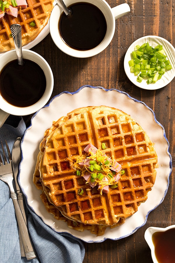 Savory Waffles on a ruffled white plate