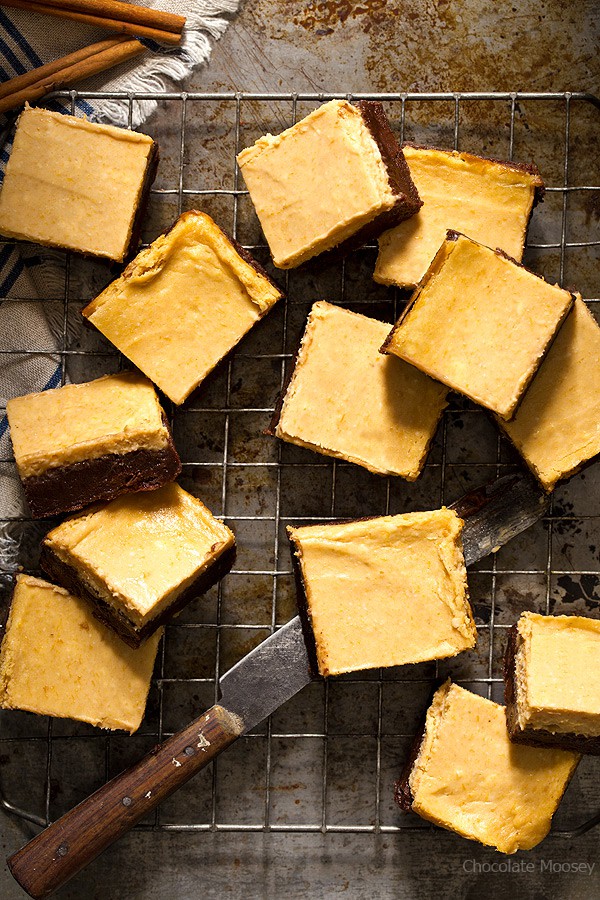 Overhead shot of cream cheese pumpkin brownies