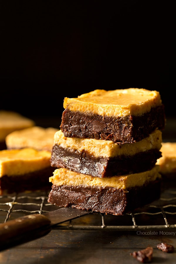 Stack of pumpkin cheesecake brownies