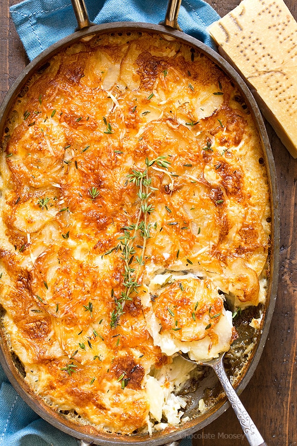 Close up of Au Gratin Potatoes in a casserole dish