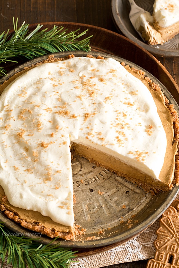 Overhead shot of Gingerbread Pie in pie pan with slice missing