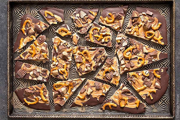 Satisfy your sweet tooth with sweet and salty Chocolate Peanut Butter Pretzel Bark with peanut butter cups. Make it as a gift or keep it all to yourself.
