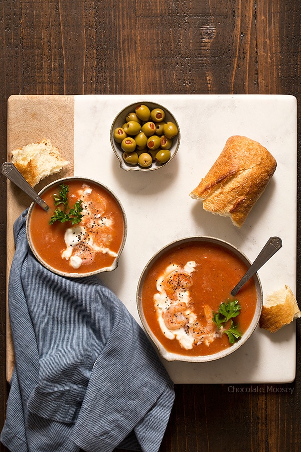 Turn your favorite brunch drink into a meal with one pot Bloody Mary Tomato Soup with shrimp for two! Serve it hot for comfort food or serve it cold for a refreshing meal.