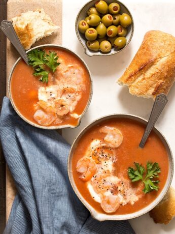 Turn your favorite brunch drink into a meal with one pot Bloody Mary Tomato Soup with shrimp for two! Serve it hot for comfort food or serve it cold for a refreshing meal.