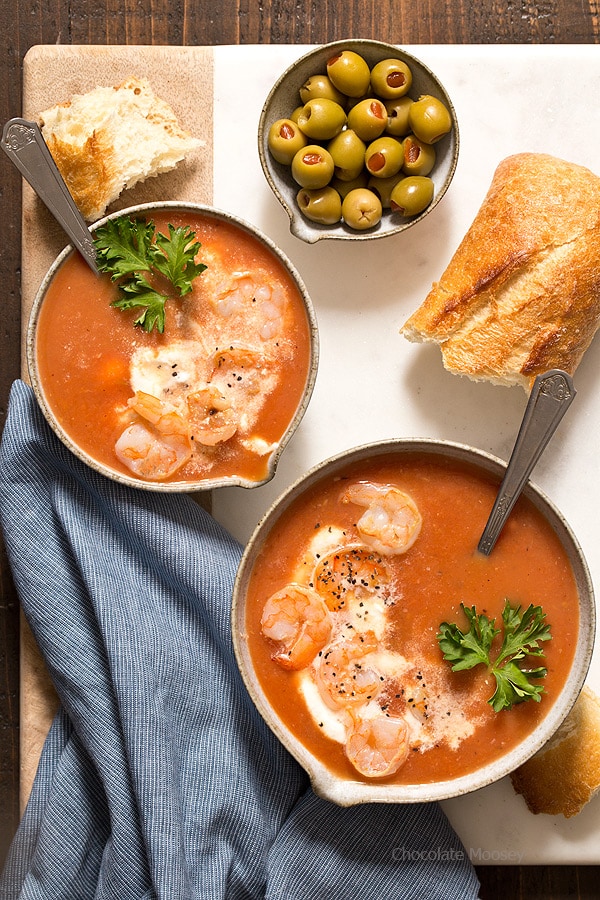 Turn your favorite brunch drink into a meal with one pot Bloody Mary Tomato Soup with shrimp for two! Serve it hot for comfort food or serve it cold for a refreshing meal.