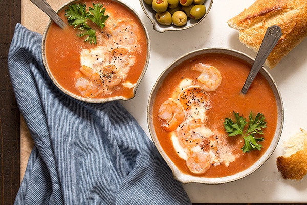 Turn your favorite brunch drink into a meal with one pot Bloody Mary Tomato Soup with shrimp for two! Serve it hot for comfort food or serve it cold for a refreshing meal.
