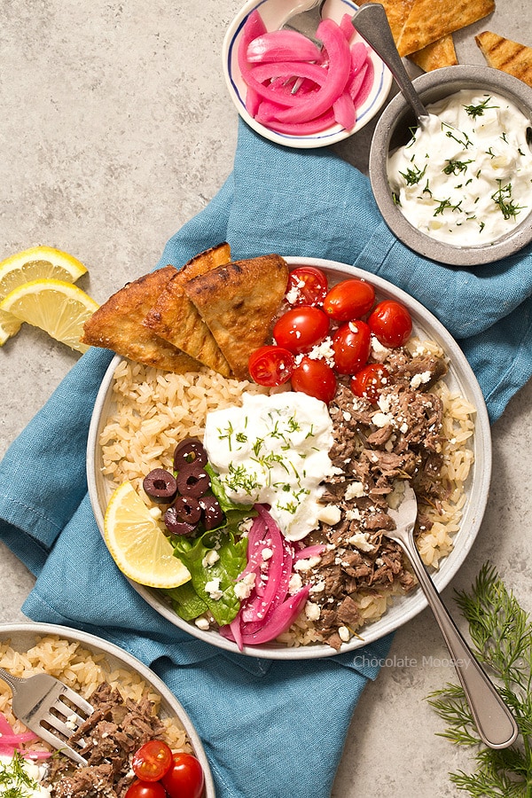 Whether you pronounce it jy-roh or yee-roh, one bite of these small scale Slow Cooker Gyro Rice Bowls with homemade tzatziki sauce will transport you to Greece. Recipe makes 4 servings, enough to realistically feed 1-2 people