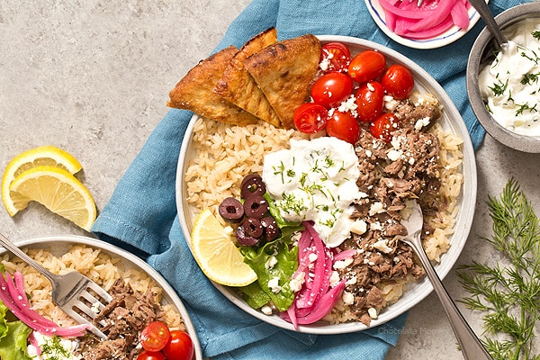 Slow Cooker Gyro Rice Bowls - Homemade In The Kitchen