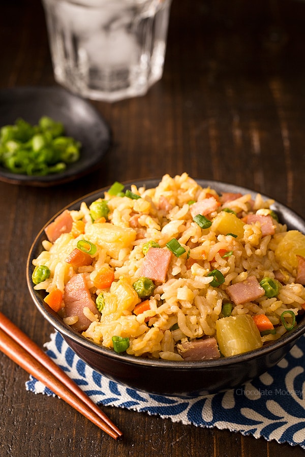 Hawaiian Fried Rice with ham and pineapple is an easy side dish to make when you're in the mood for Chinese takeout but need to keep an eye on your spending. Great way to use up leftover ham! 