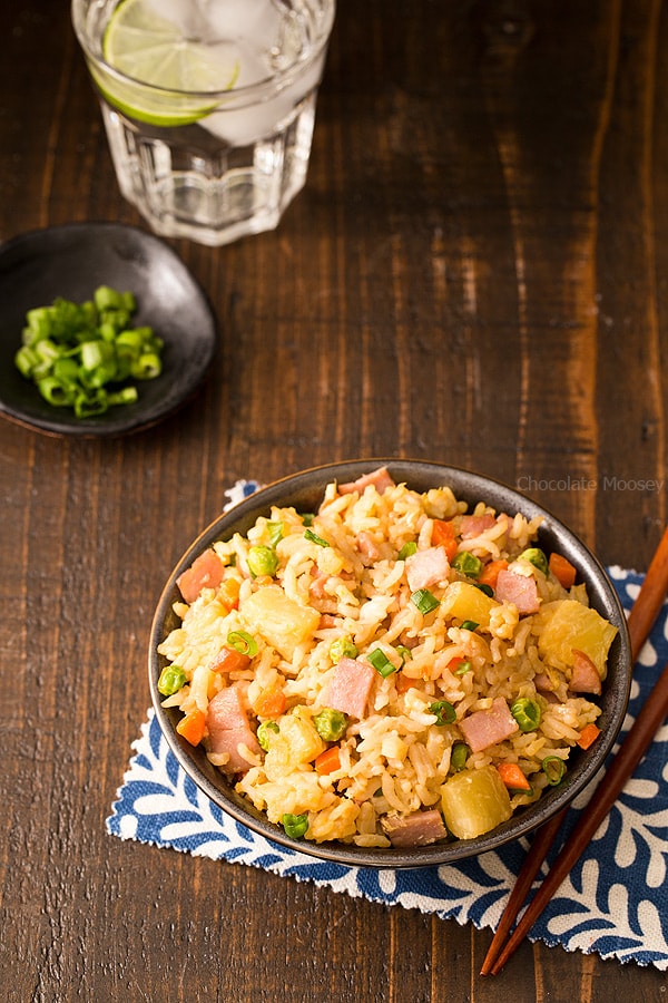 Hawaiian Fried Rice with ham and pineapple is an easy side dish to make when you're in the mood for Chinese takeout but need to keep an eye on your spending. Great way to use up leftover ham!