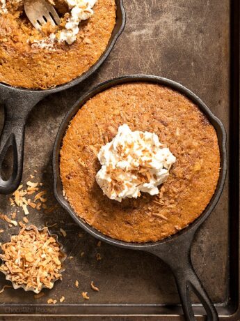 These Toasted Coconut Skillet Cakes with coconut milk are so tender and moist, you don't need to add frosting on top! Serve with homemade whipped cream or a scoop of ice cream.