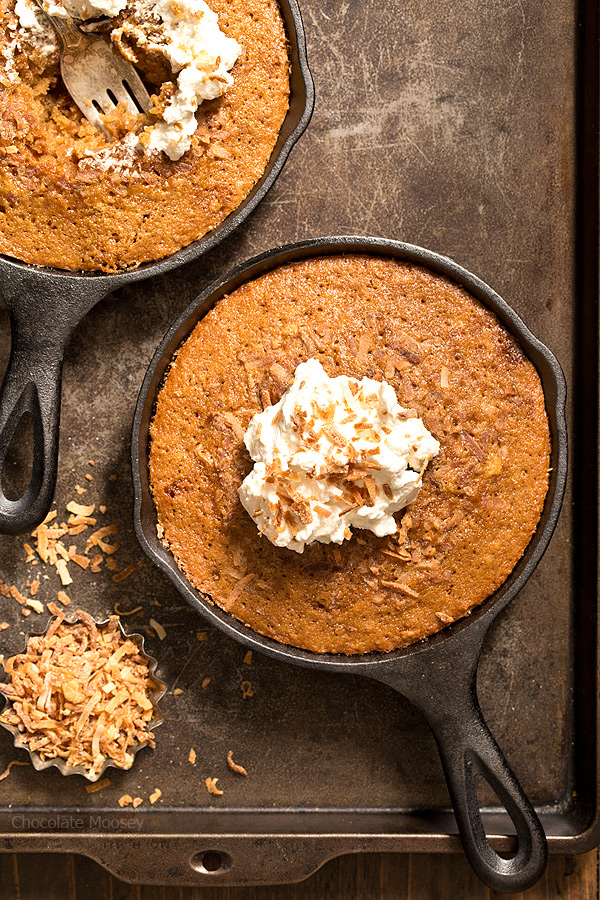 These Toasted Coconut Skillet Cakes with coconut milk are so tender and moist, you don't need to add frosting on top! Serve with homemade whipped cream or a scoop of ice cream. 