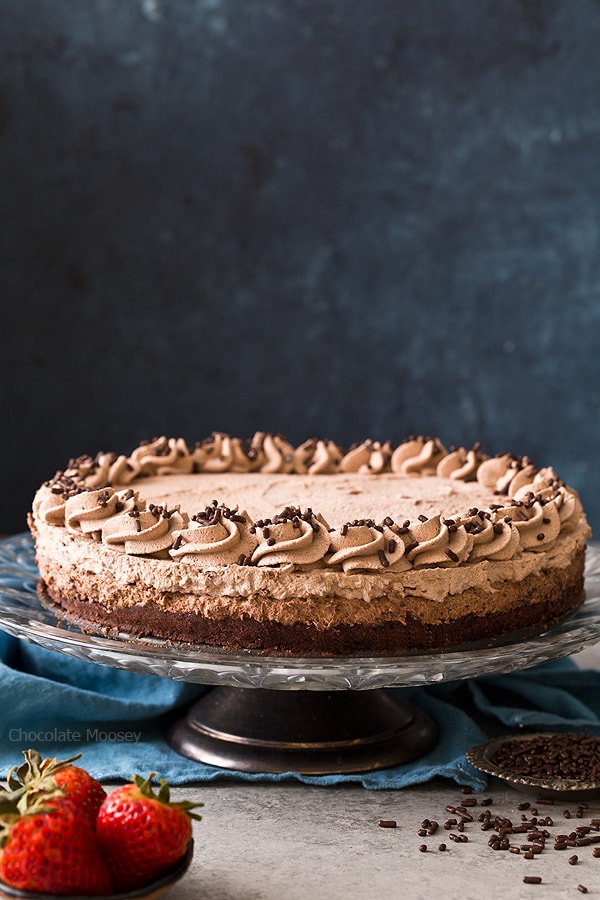 The best way to celebrate any milestone is with a triple chocolate cake: Brownie Bottom Chocolate Mousse Cake with chocolate whipped cream. 